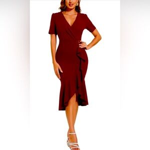 Neck Ruffle Flowy Midi Dress Formal Wrap Bodycon Dress Cocktail Party Dress